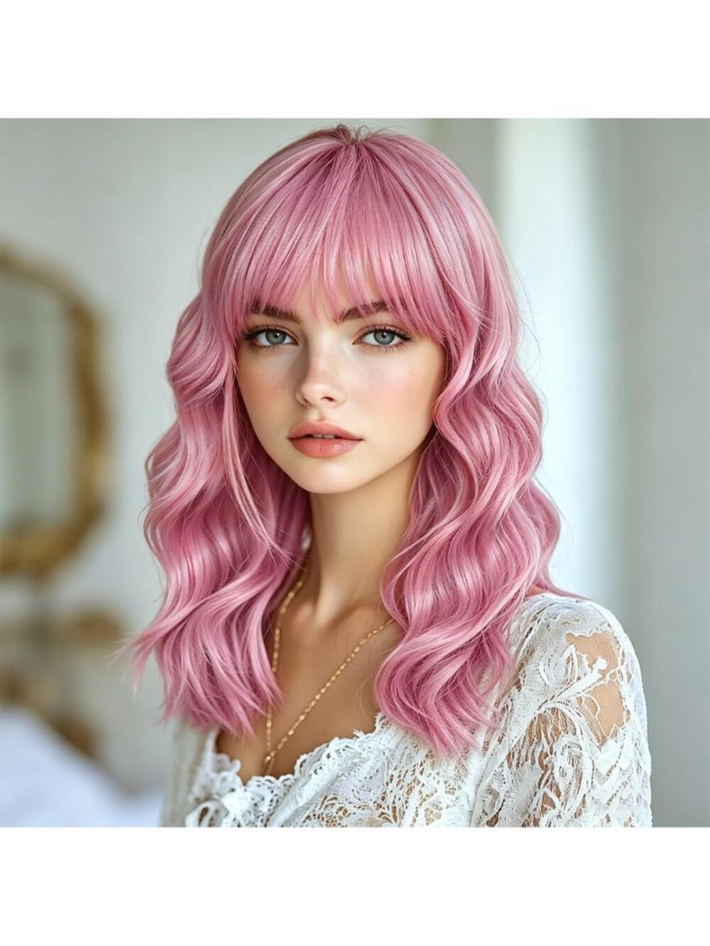 Women's Peachy Pastel Pink Wavy Synthetic Shoulder Length Sweetie Bob Wig Bangs
